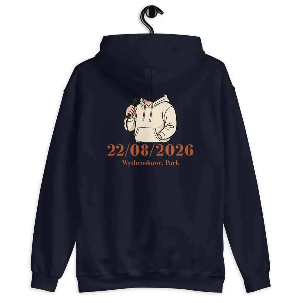 Unisex graphic tour hoodie, navy with back portrait graphic and date 22/08/2026