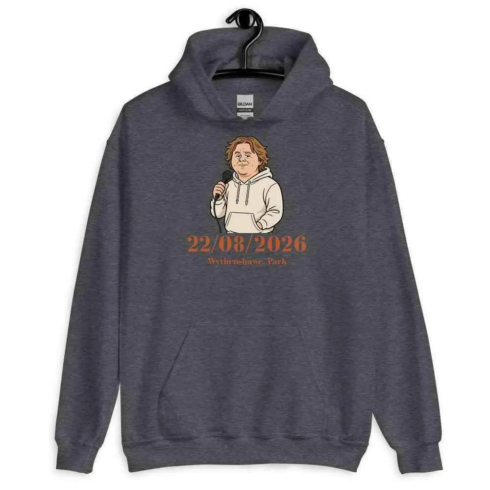 Dark heather unisex graphic tour hoodie with hood, pocket, and front date-and-portrait print