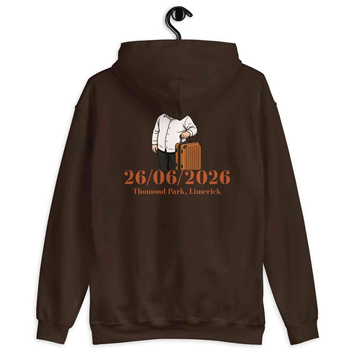 Dark chocolate unisex hoodie with back 26/06/2026 event graphic