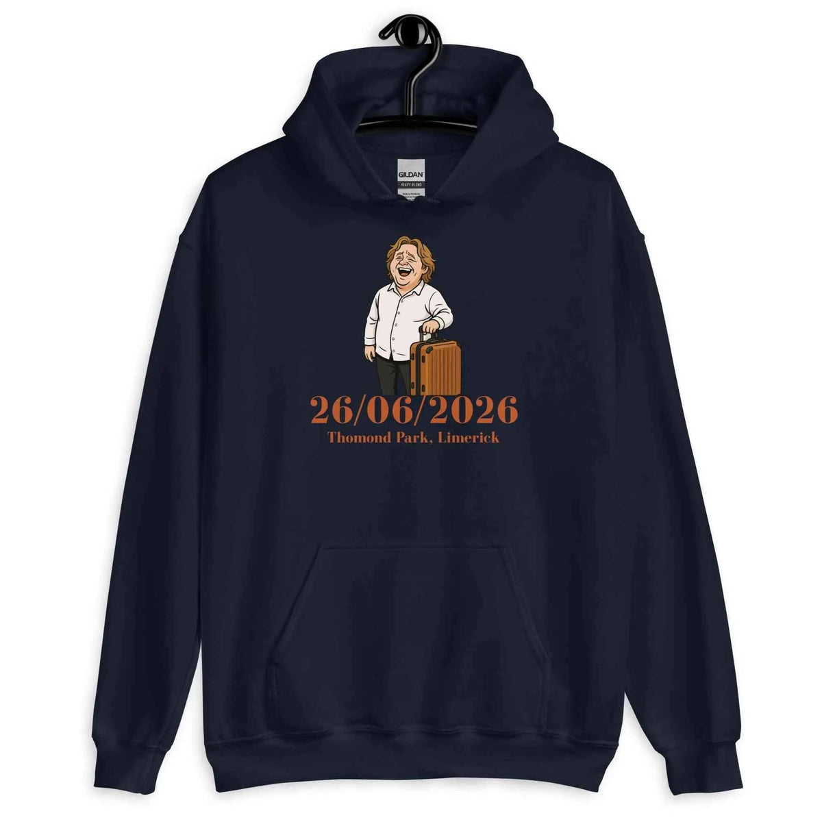 Navy unisex hoodie with front pocket and 26/06/2026 event graphic