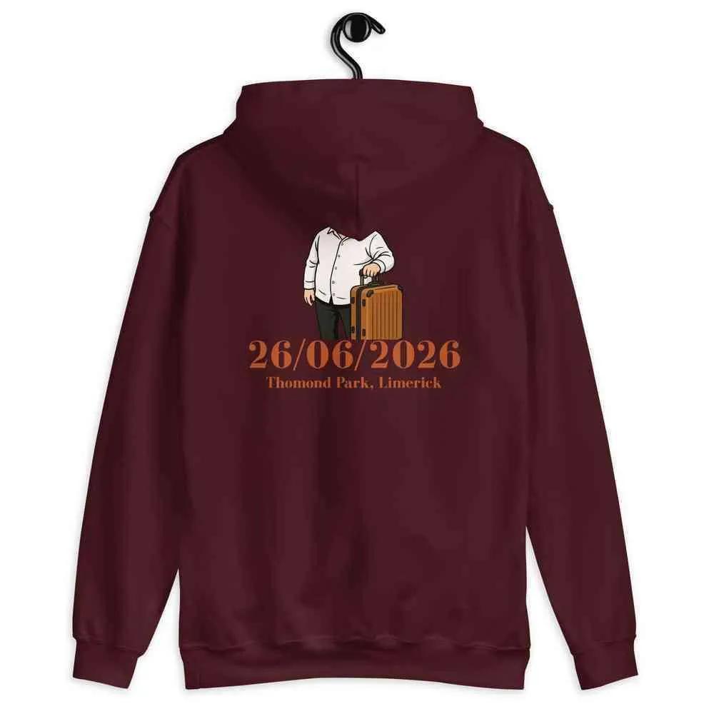 Maroon unisex hoodie with back 26/06/2026 event graphic