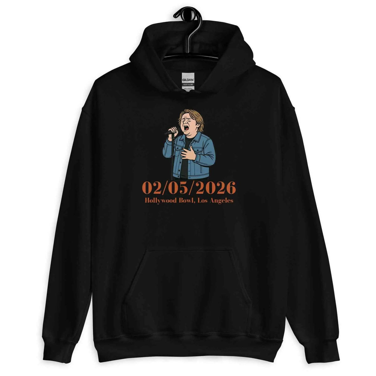 Black pullover hoodie with front illustrated graphic and 02/05/2026 text