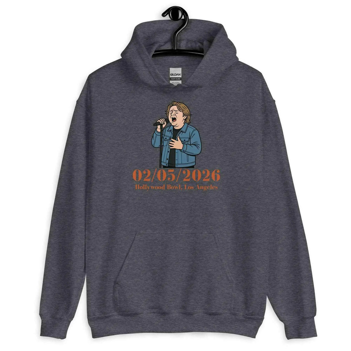 Dark heather gray hoodie with front graphic and date print, front view