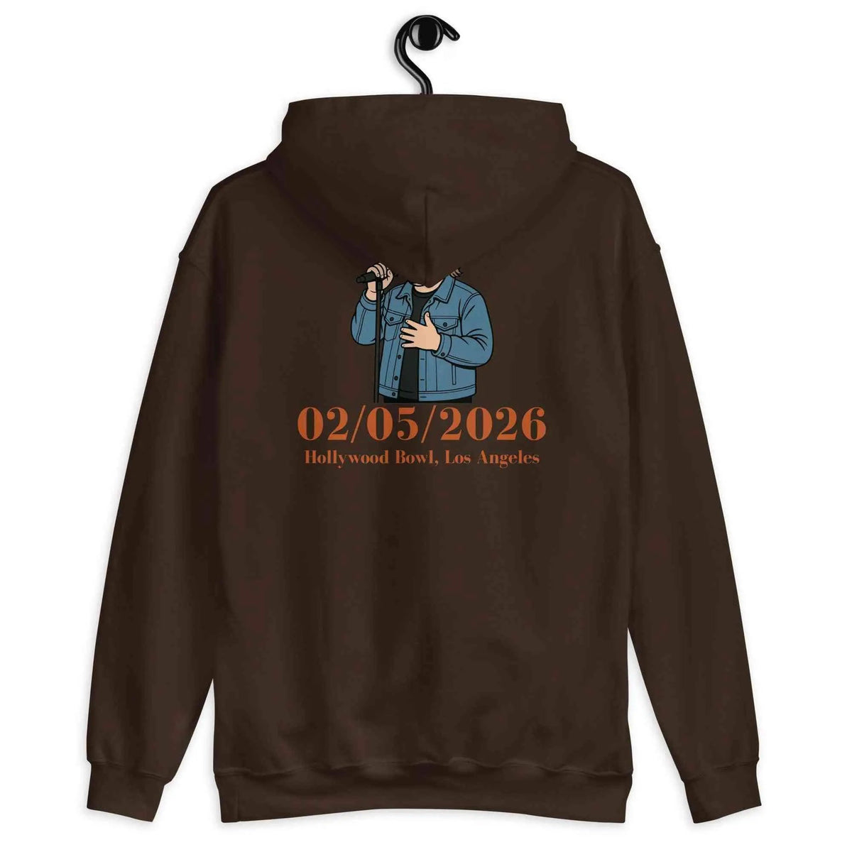 Dark brown pullover hoodie with back illustrated graphic and 02/05/2026 text