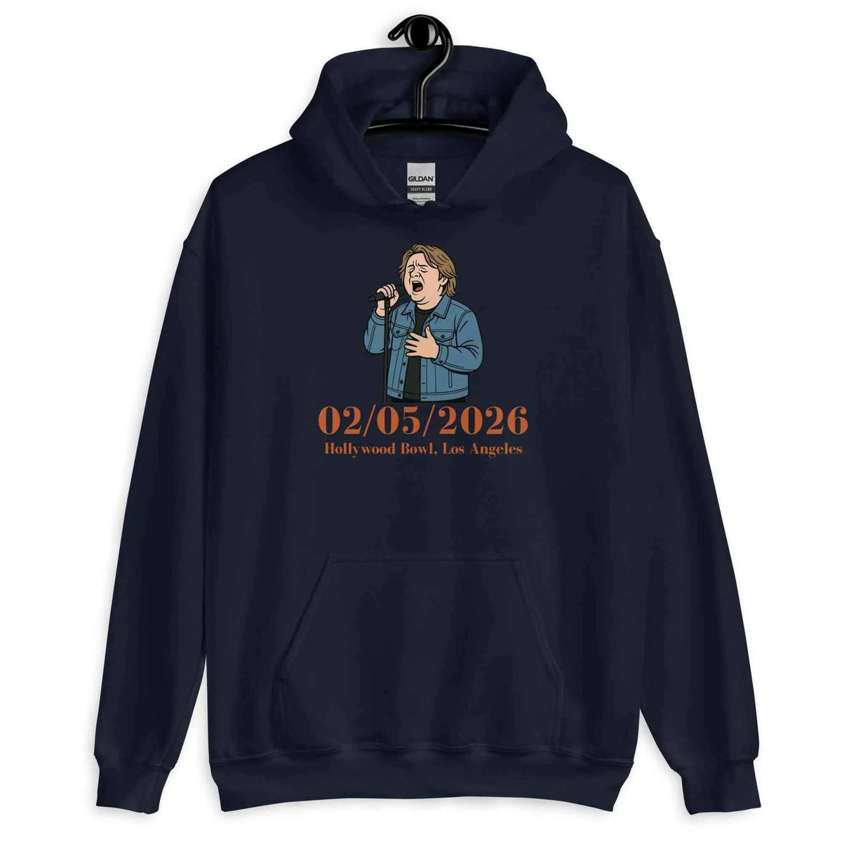 Navy pullover hoodie with front illustrated graphic and 02/05/2026 text