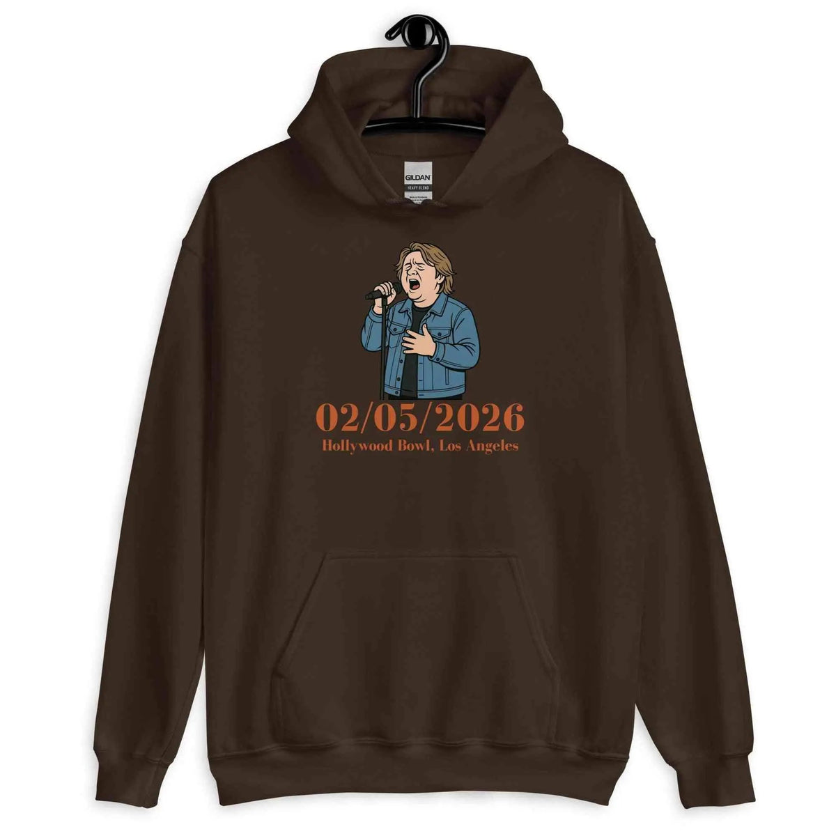 Dark brown pullover hoodie with front illustrated graphic and 02/05/2026 text