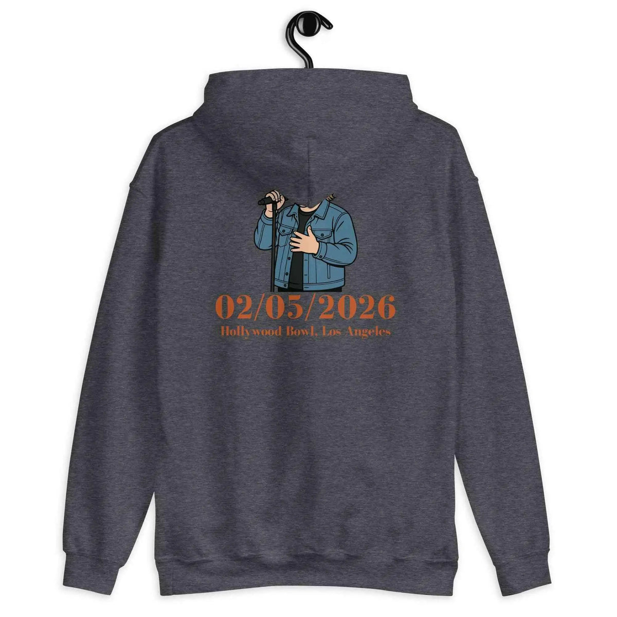 Dark heather gray hoodie with back graphic and date print, back view