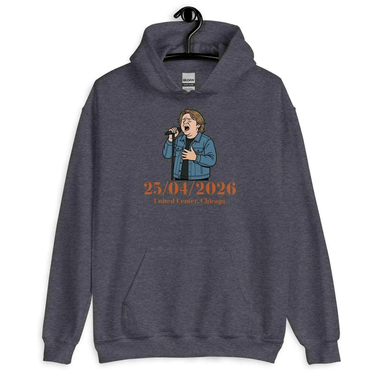 Unisex tour hoodie, dark heather with front graphic and 25/04/2026 text