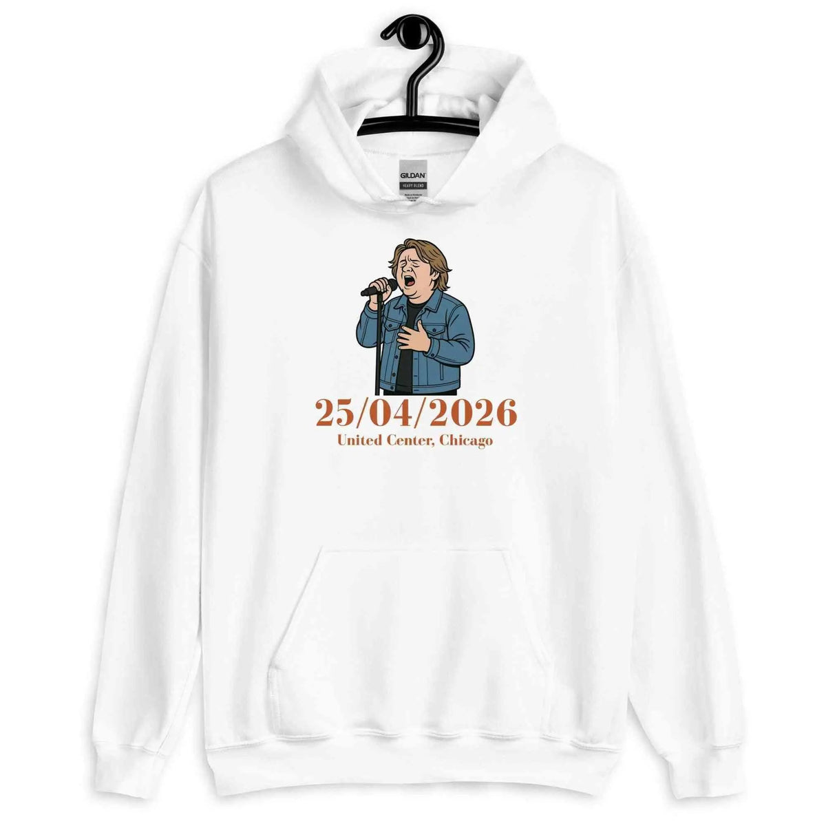 Unisex tour hoodie, white with front graphic and 25/04/2026 date text