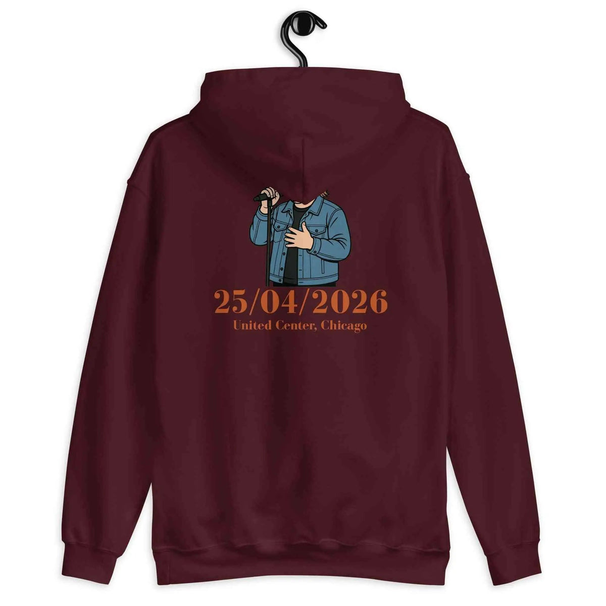 Unisex maroon tour hoodie, back graphic with 25/04/2026 United Center Chicago