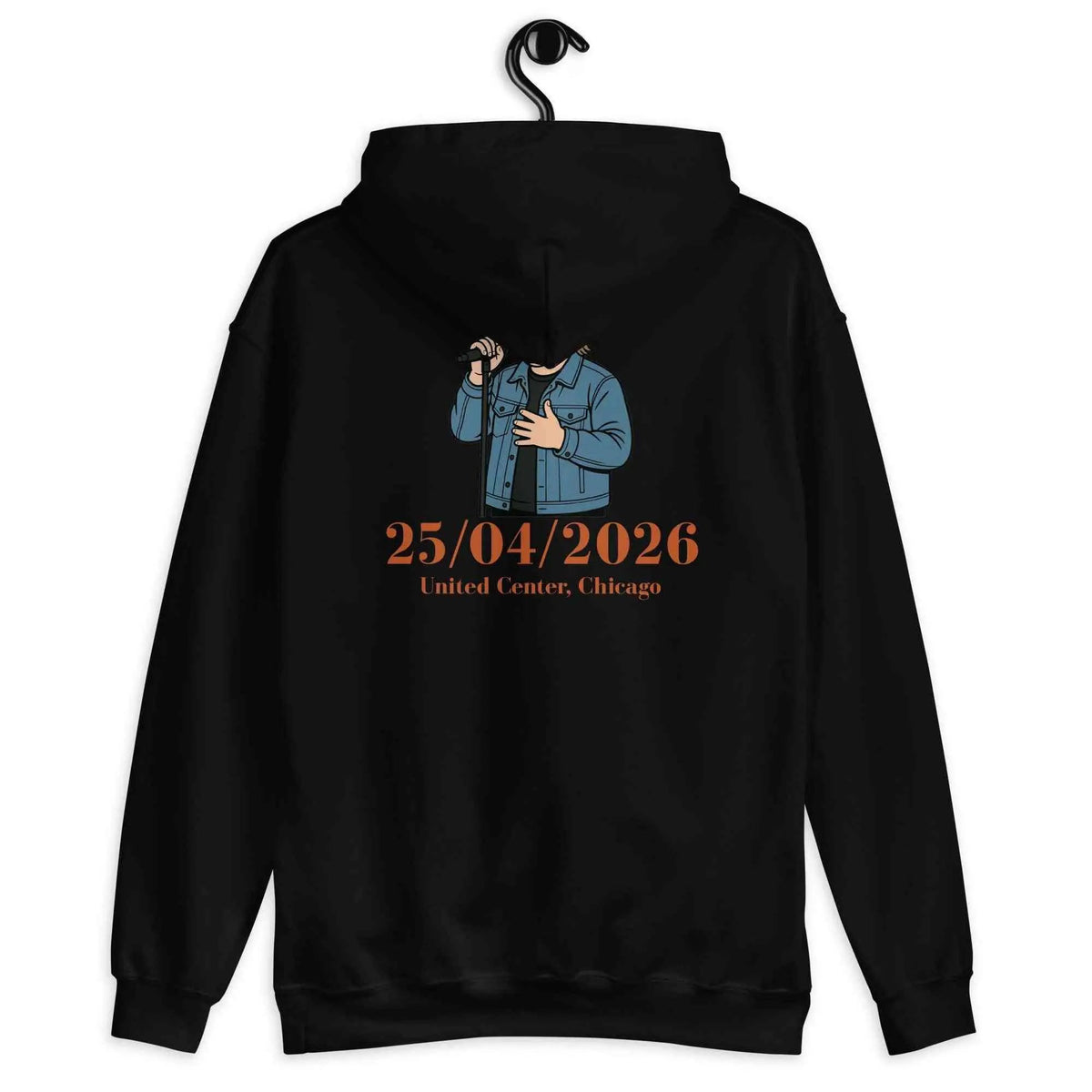 Unisex black tour hoodie, back graphic with 25/04/2026 United Center Chicago