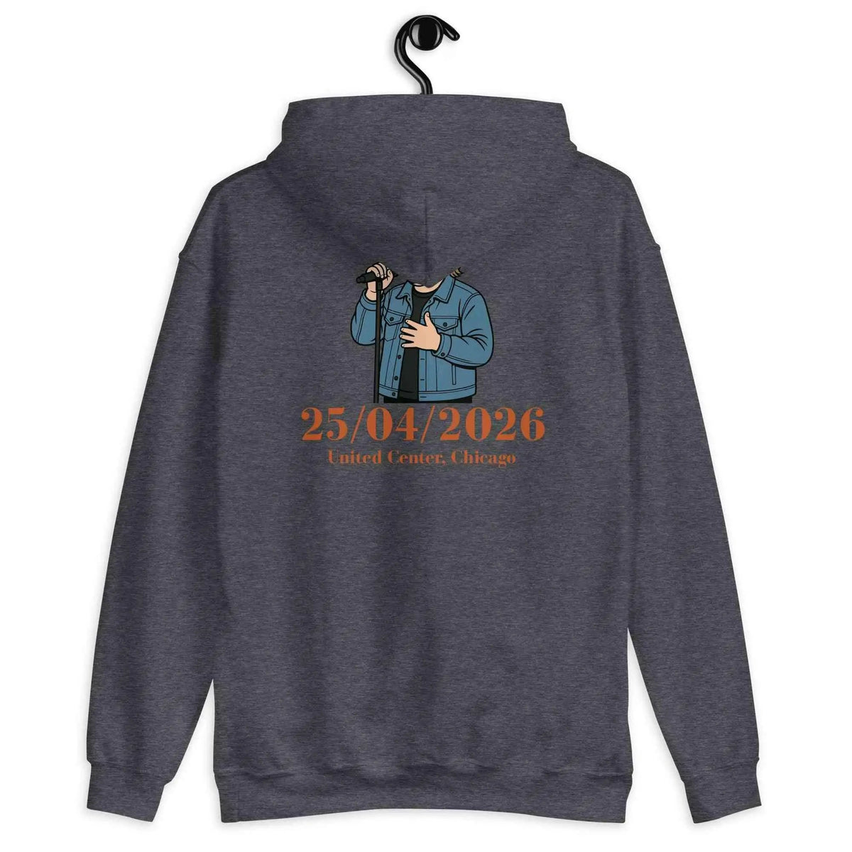Unisex tour hoodie, dark heather with back graphic and 25/04/2026 date text