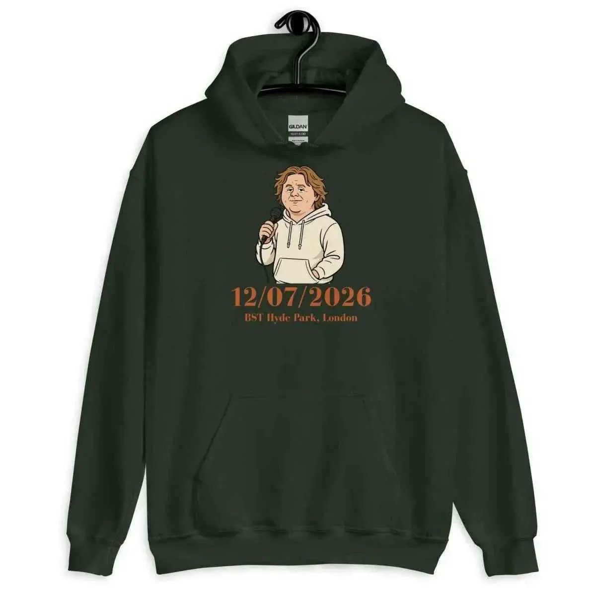 Forest green unisex pullover hoodie with front graphic and kangaroo pocket