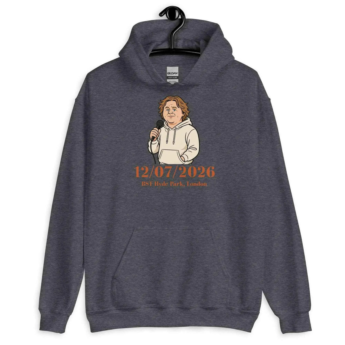Unisex dark heather hoodie with front date graphic 12/07/2026, BST Hyde Park London