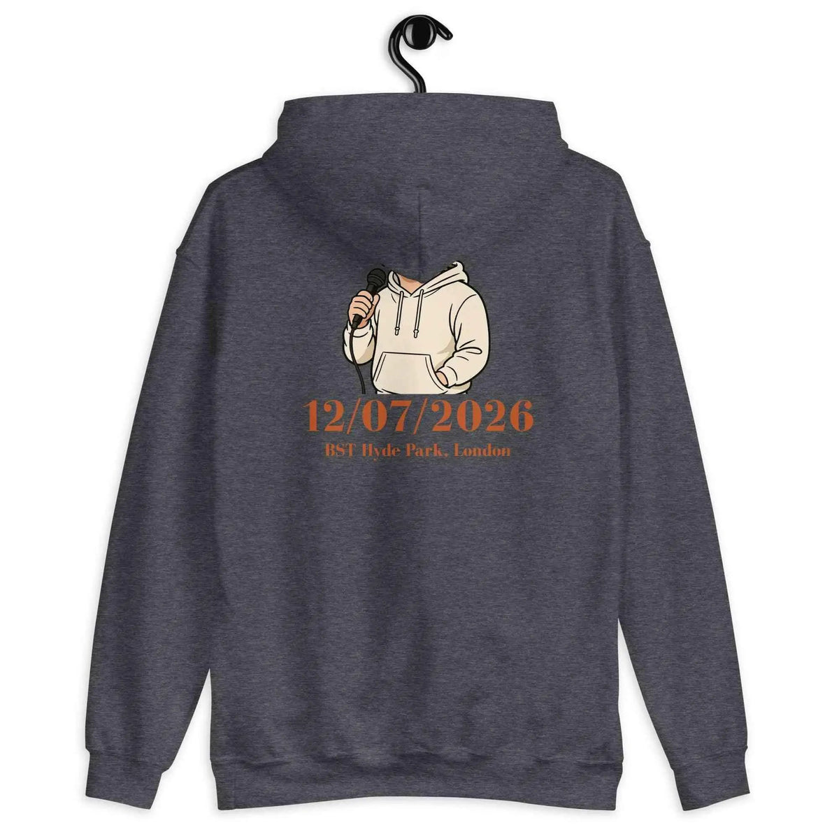 Unisex dark heather hoodie with back graphic and 12/07/2026 text