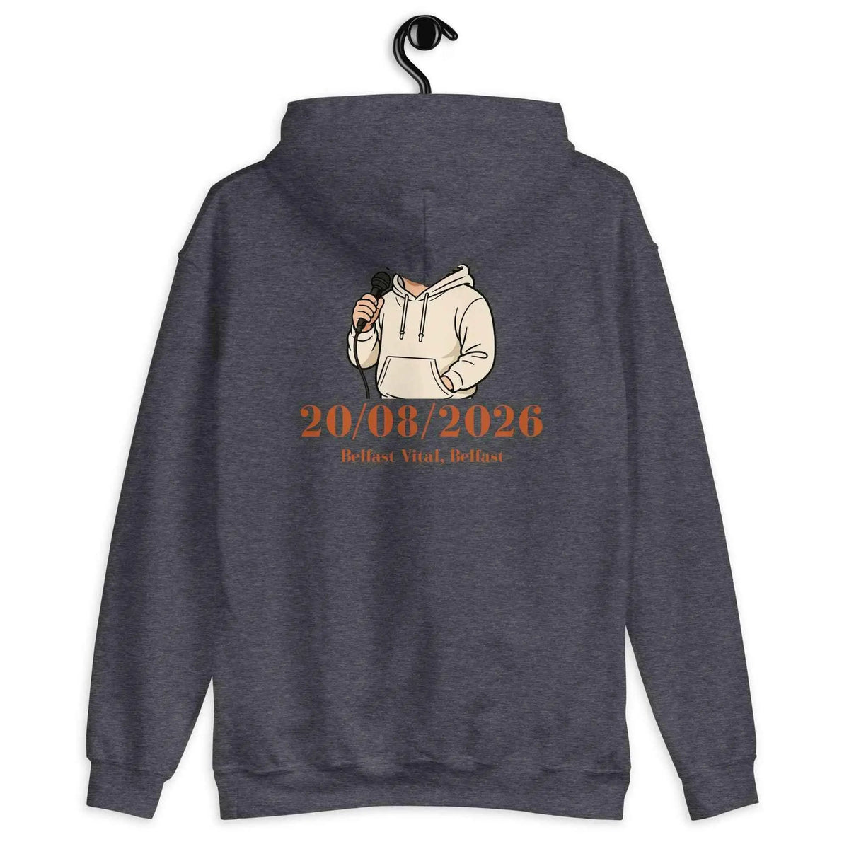Heather gray hoodie with back portrait graphic and 20/08/2026 date text.