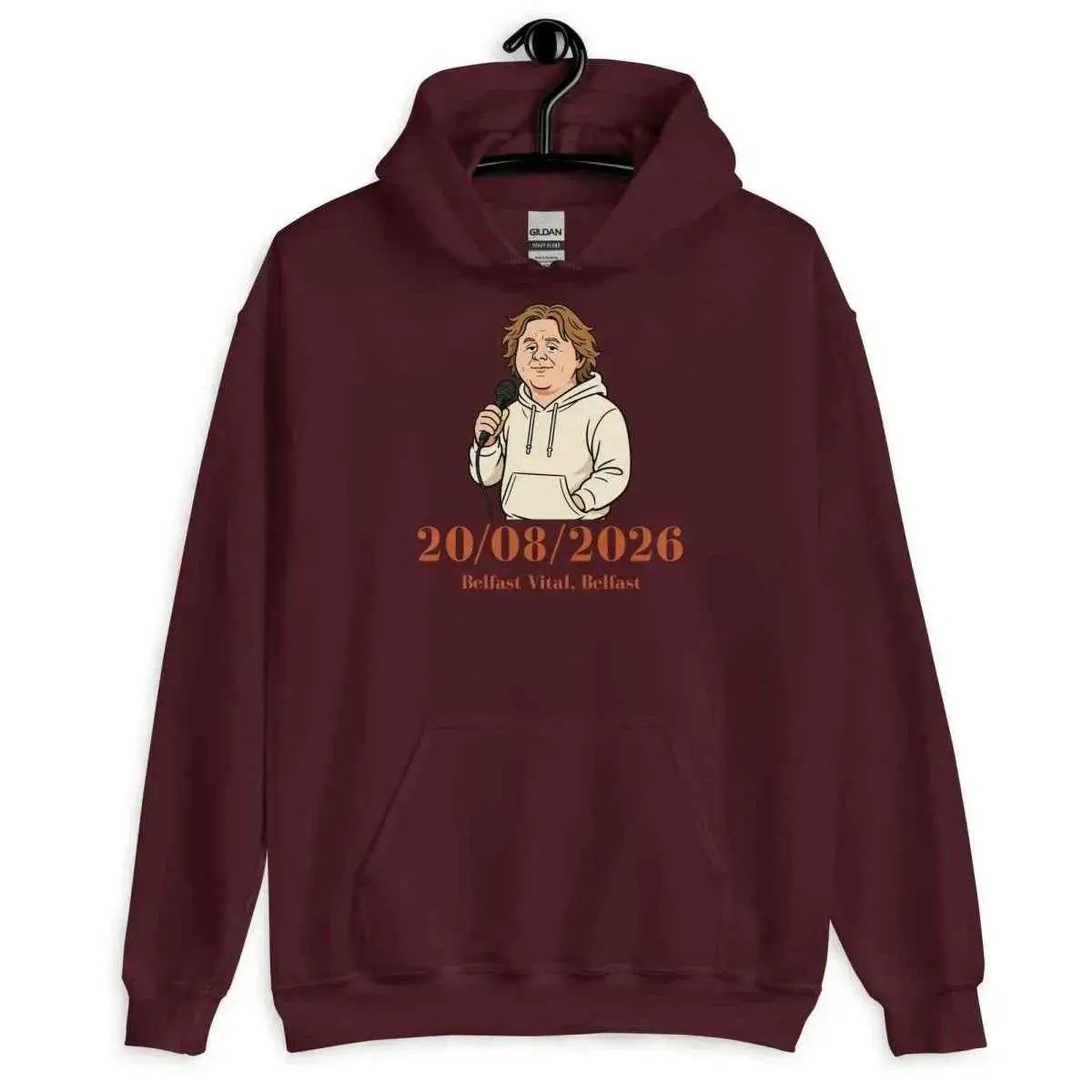 Maroon hoodie with front date graphic and illustrated portrait, front view
