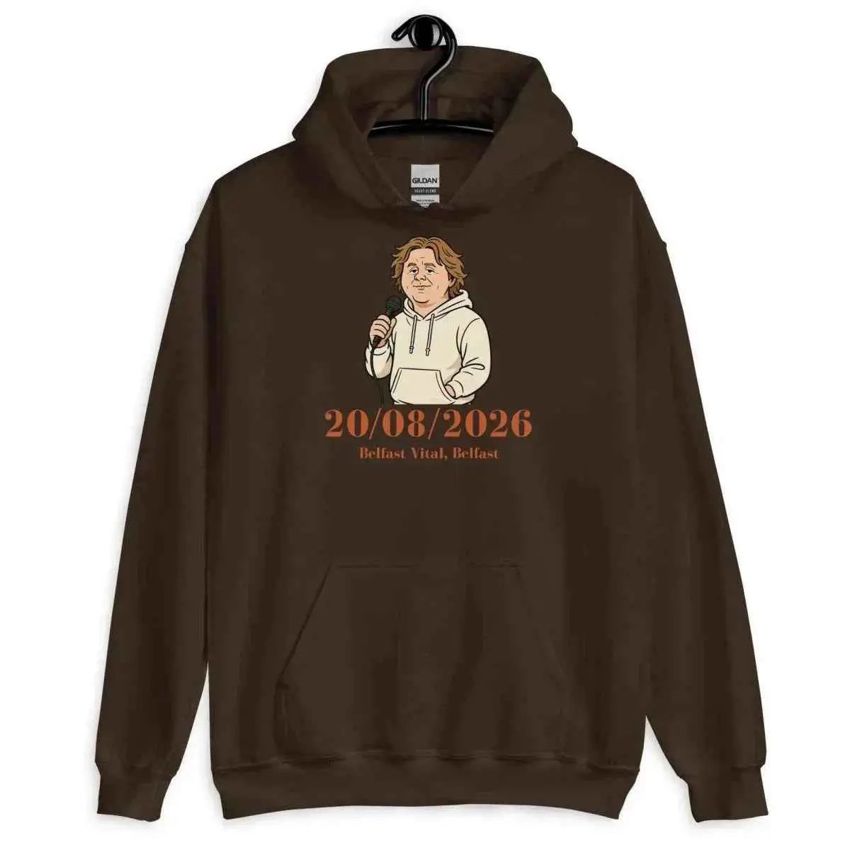 Dark chocolate hoodie with front date graphic and illustrated portrait, front view