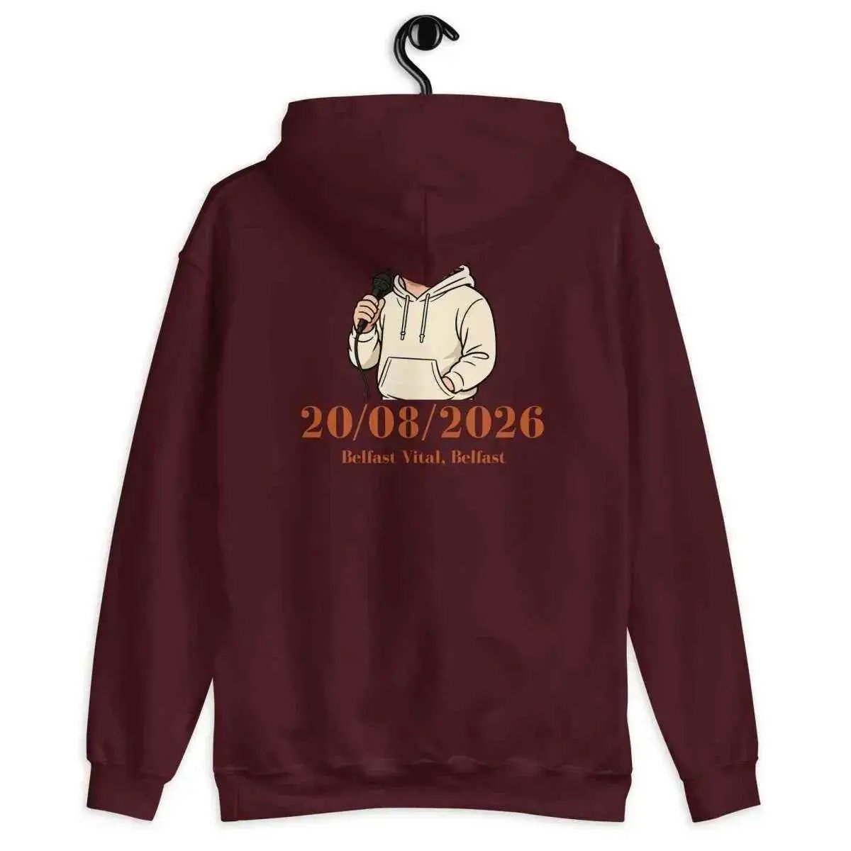 Maroon hoodie with back date graphic and illustrated portrait, back view