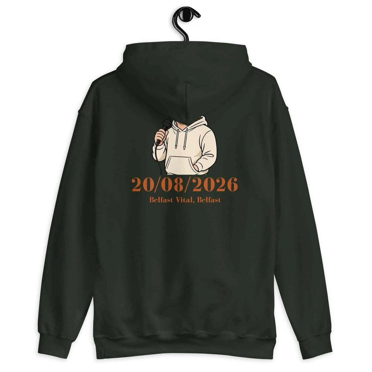Forest green hoodie with back date graphic and illustrated portrait, back view