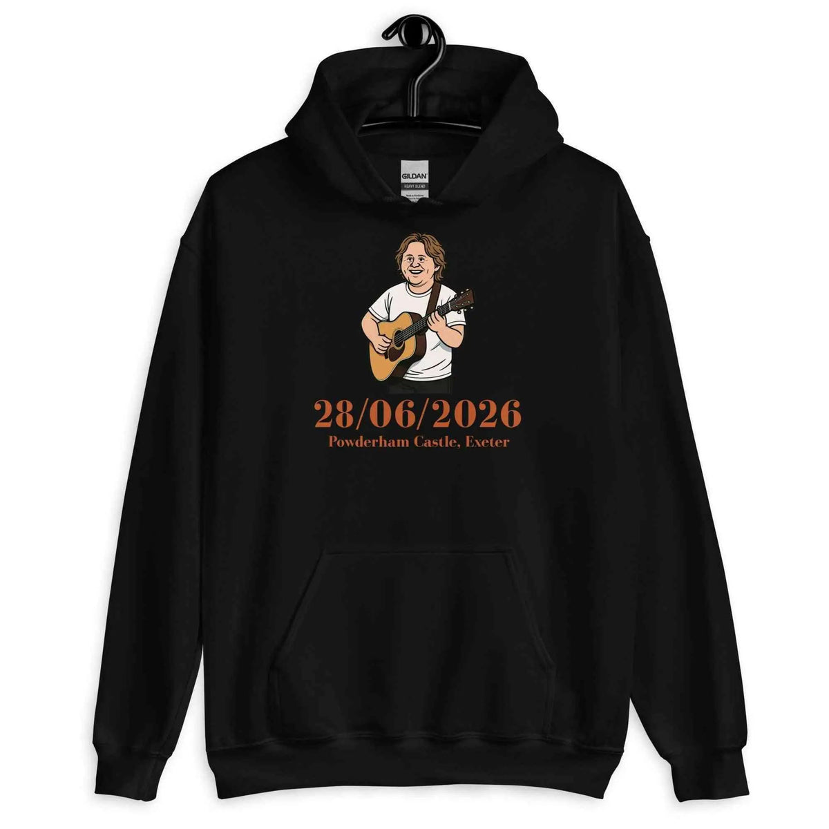 Black pullover hoodie with front graphic and orange date text, kangaroo pocket