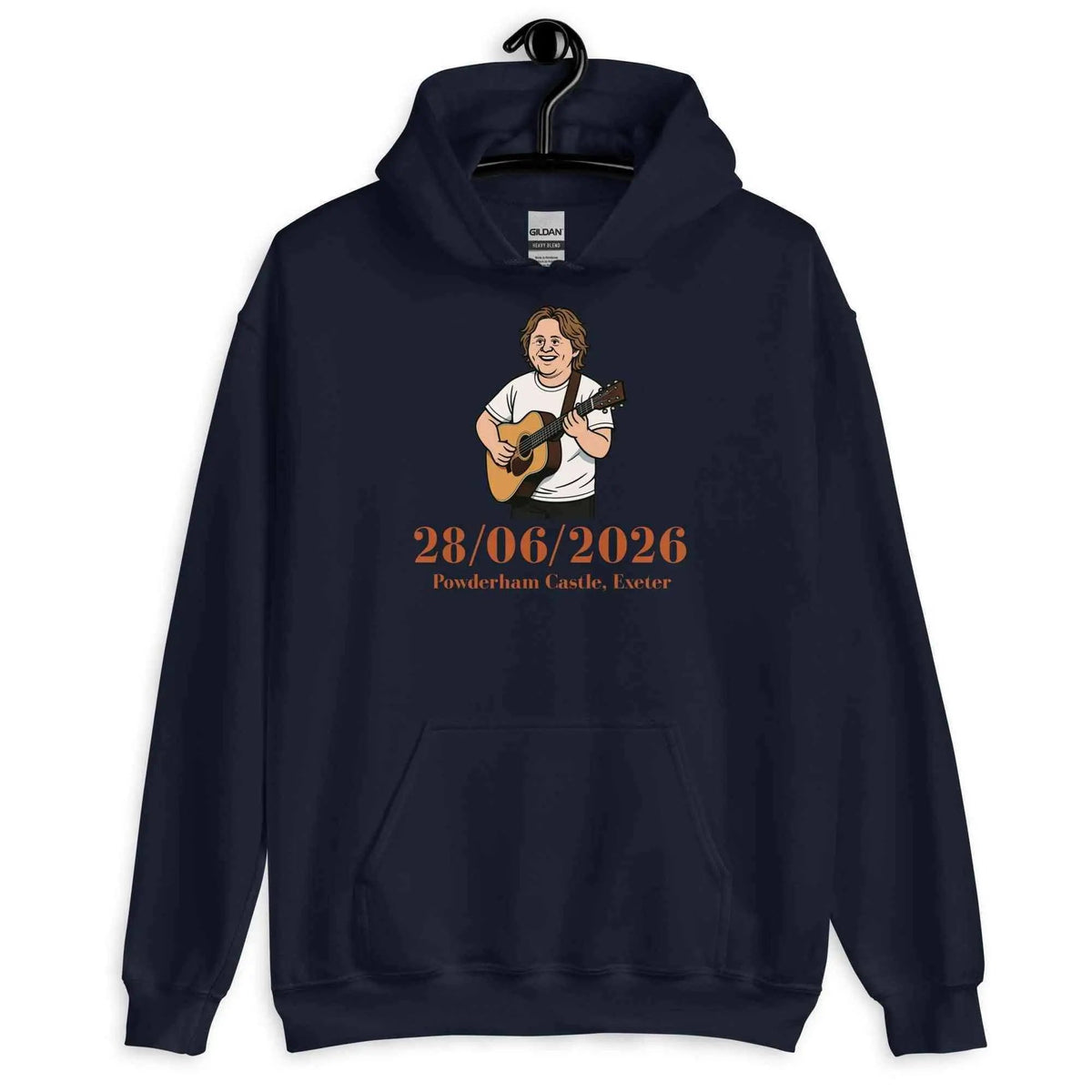 Navy pullover hoodie with front graphic and orange date text, kangaroo pocket