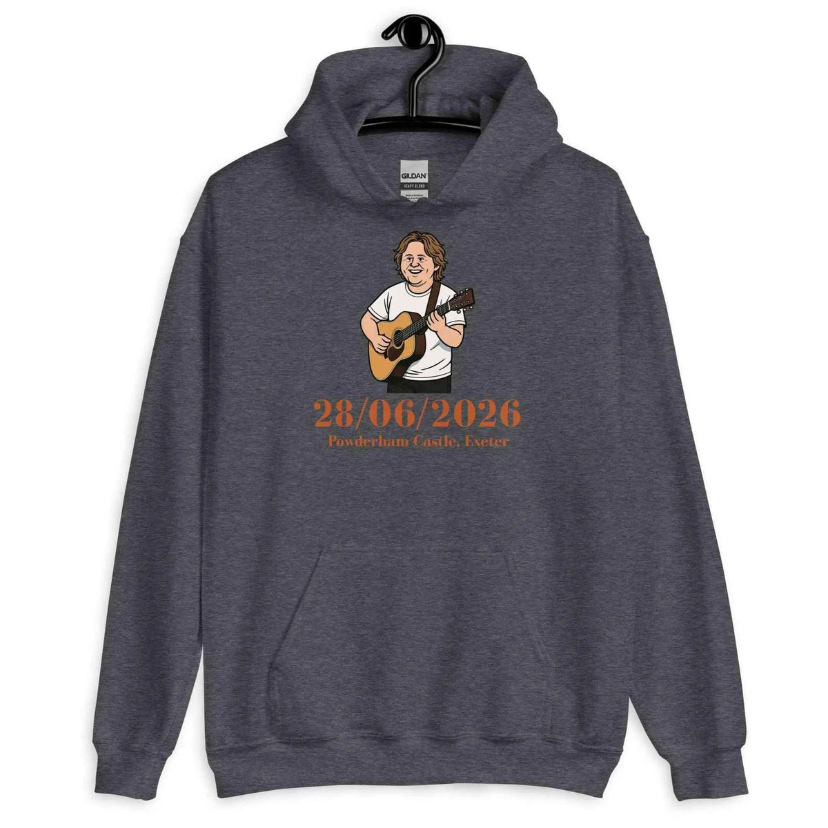 Navy graphic tour hoodie with front pouch pocket, hood, and guitar date print