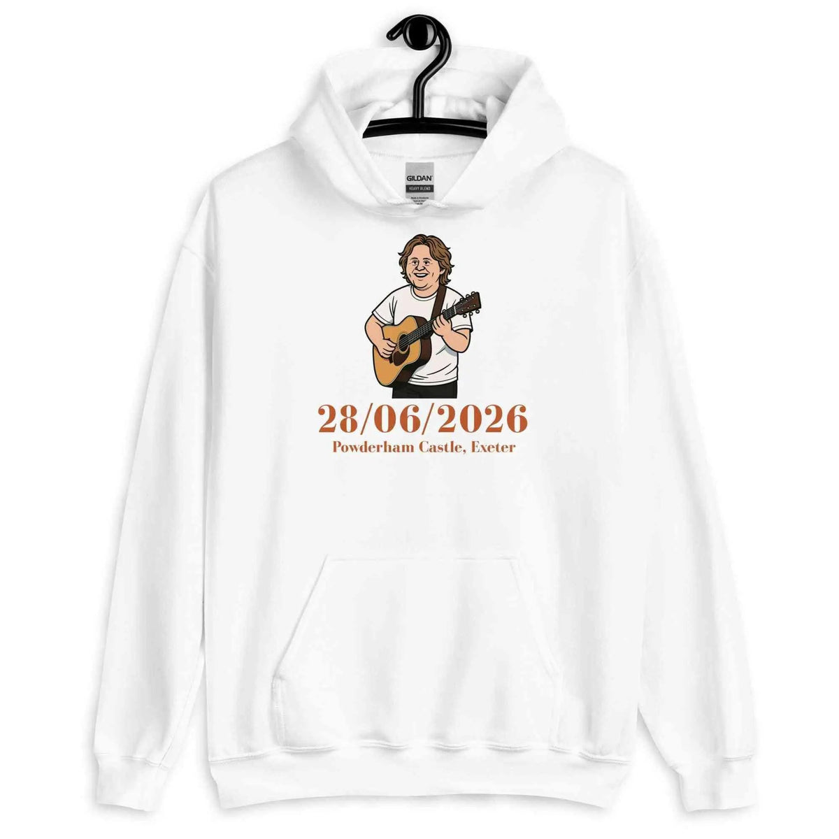 White graphic tour hoodie with front pouch pocket, hood, and guitar date print