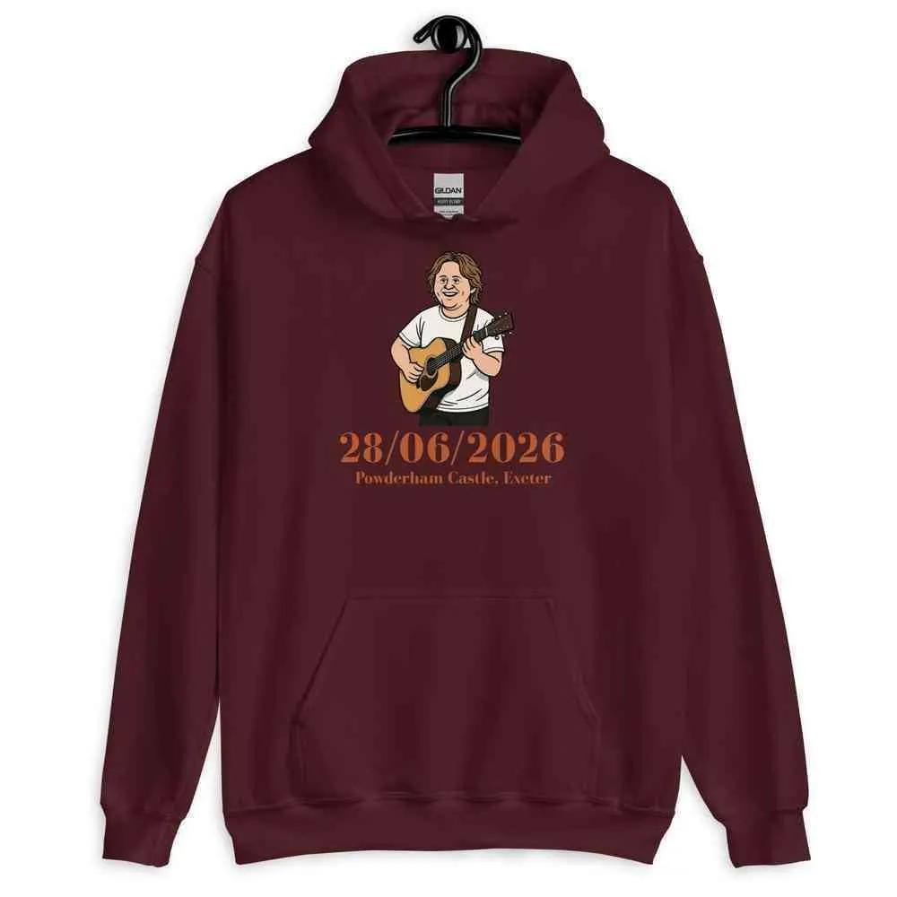 Maroon pullover hoodie with front graphic and orange date text, kangaroo pocket