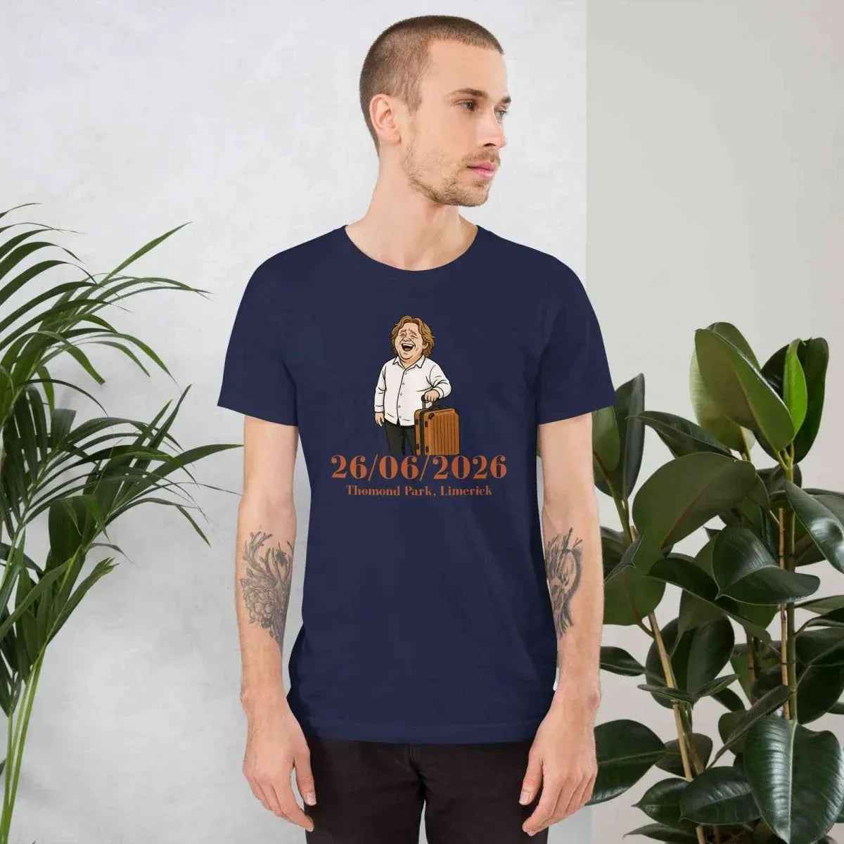 Unisex graphic T-shirt, dark navy blue, front print with tour date and character