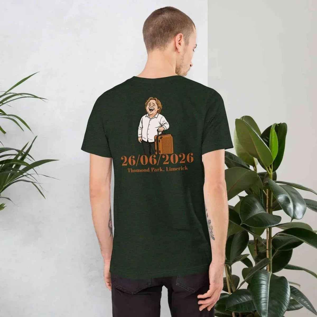 Unisex graphic T-shirt, dark green, back print with tour date and character