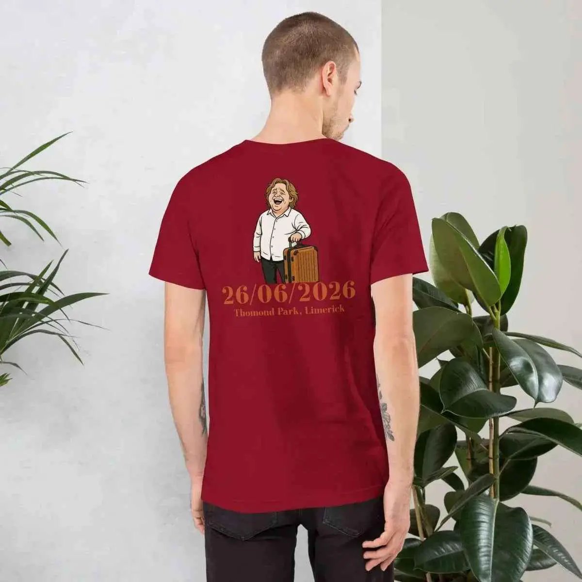 Unisex graphic T-shirt, red, back print with tour date and character