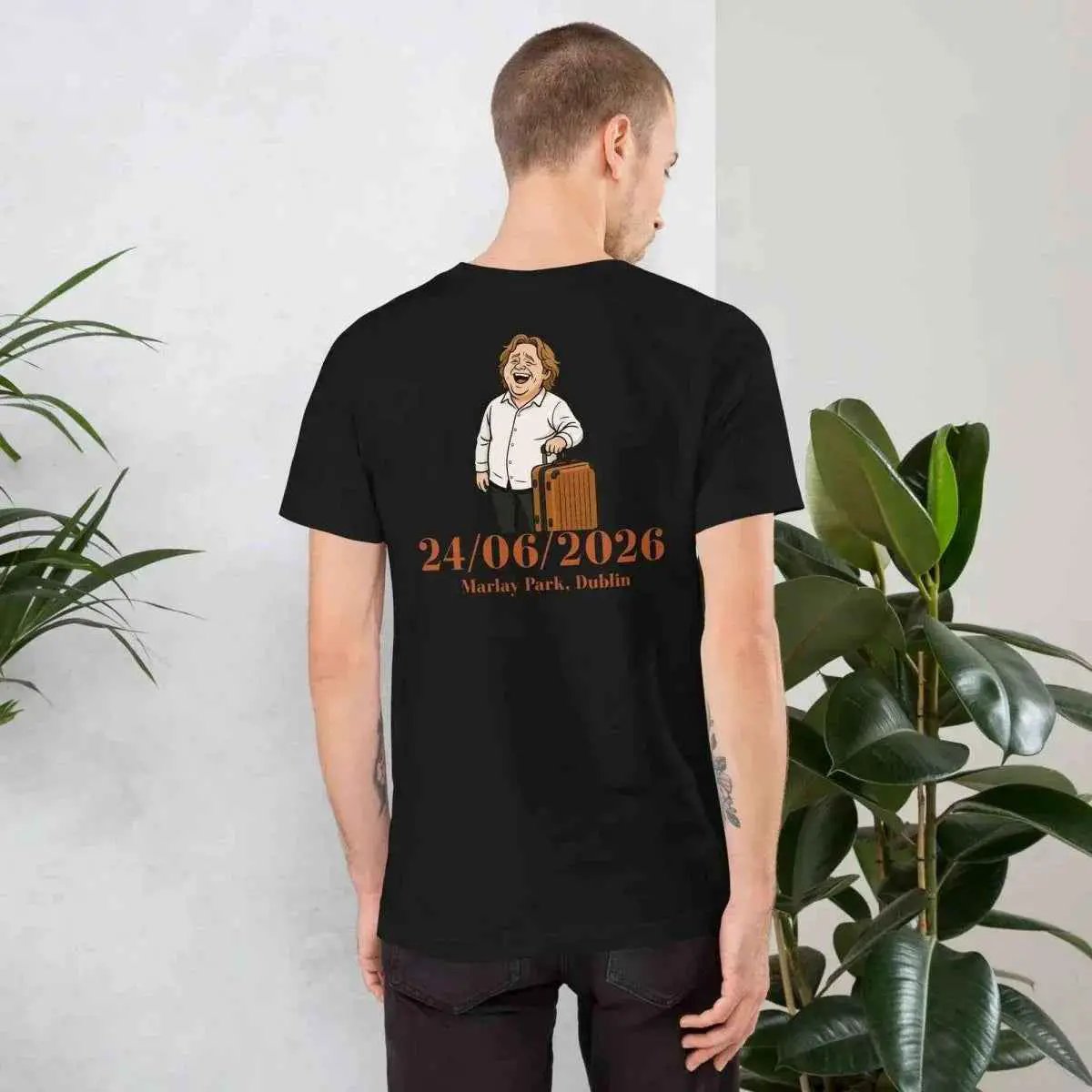 Burgundy unisex tour T-shirt with back cartoon graphic and 24/06/2026 print