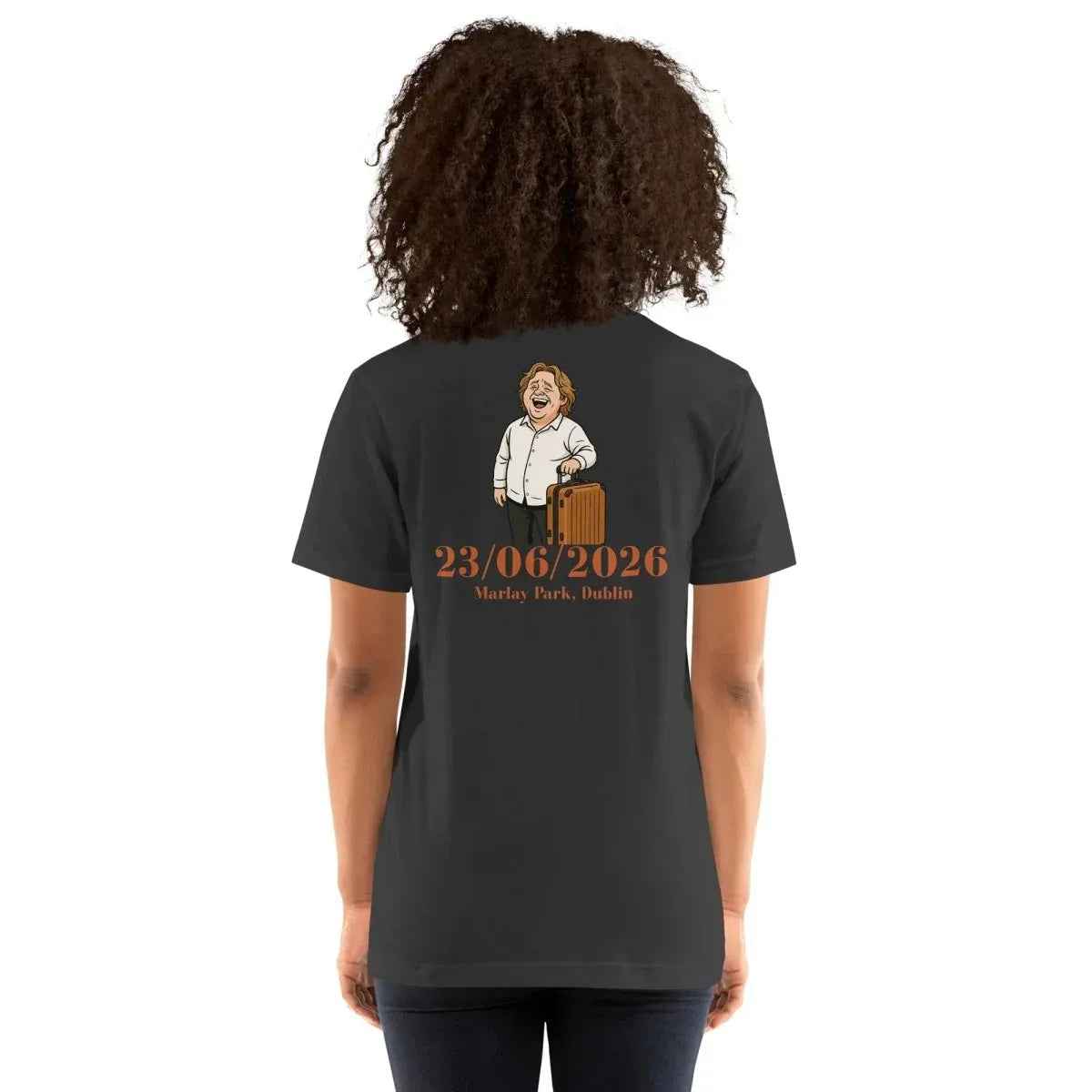 Unisex graphic t-shirt in dark gray with back illustration and date text