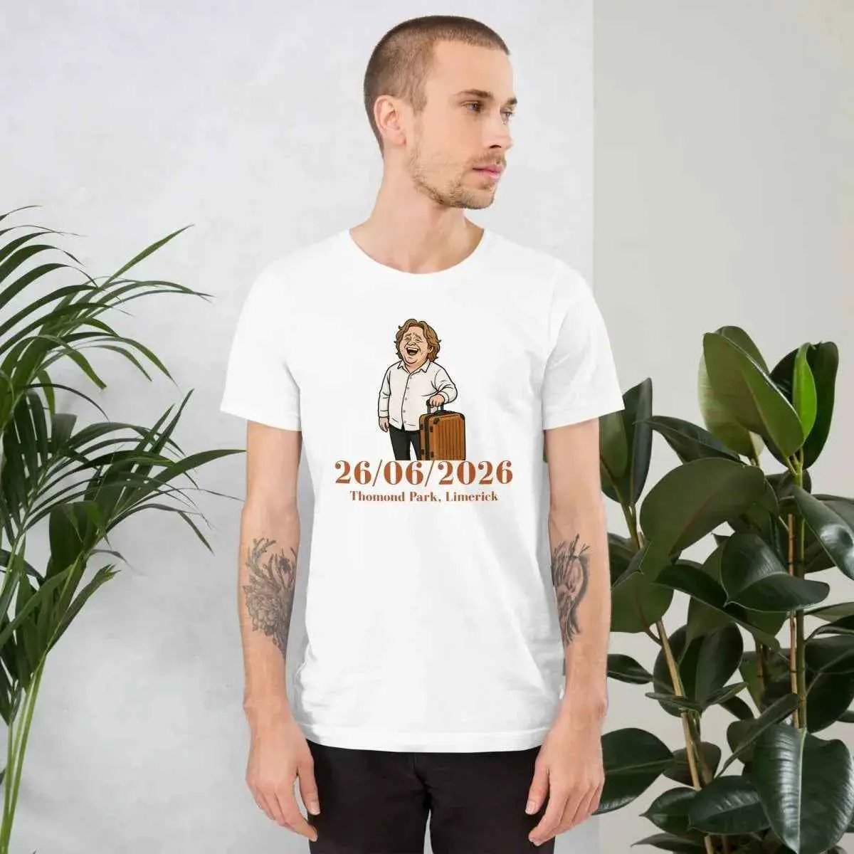Unisex white tour T-shirt with front date graphic and cartoon performer
