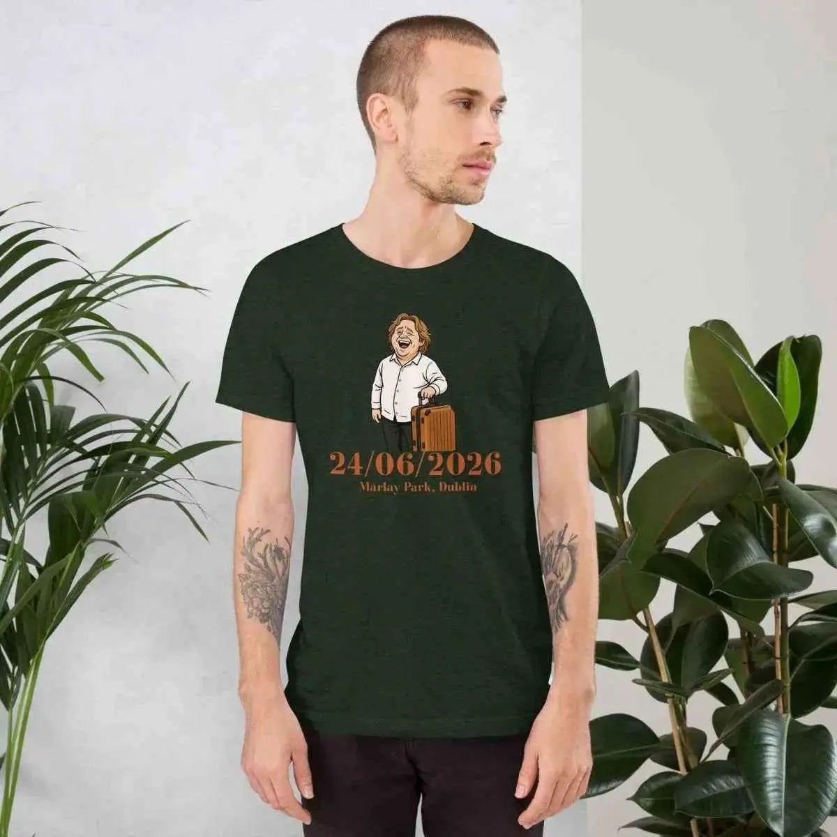 Dark green unisex tour T-shirt with front event graphic, crew neck