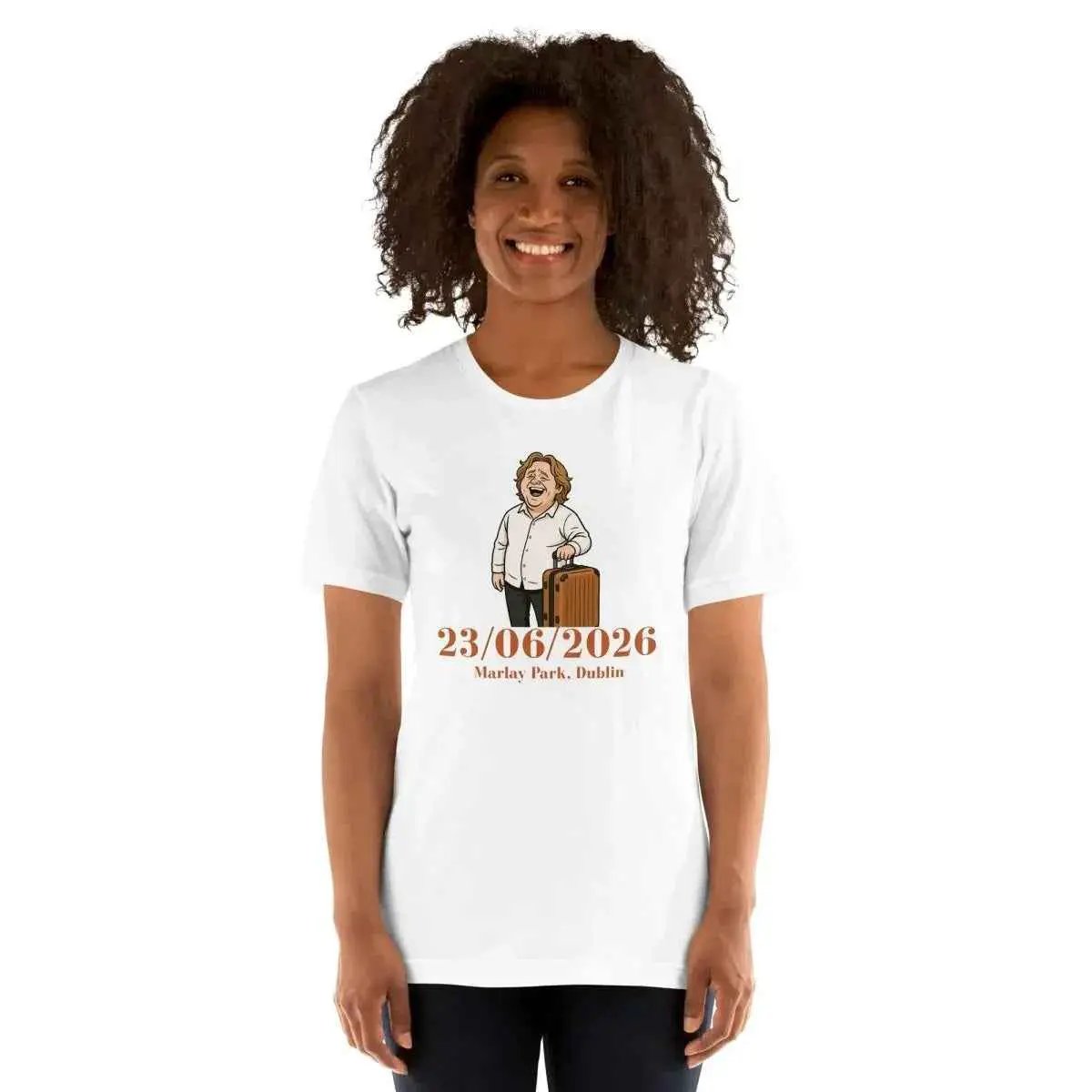 White unisex crewneck T-shirt with performer illustration and 23/06/2026 text