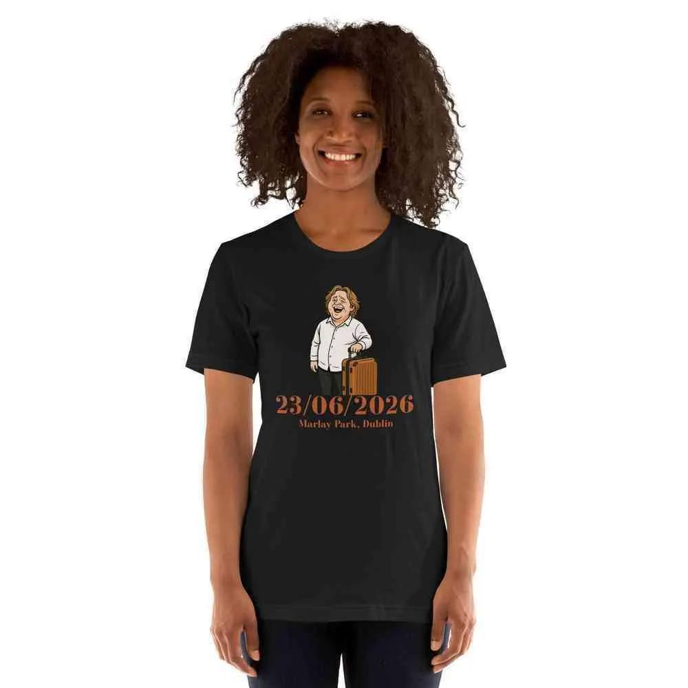 Black unisex crewneck T-shirt with front portrait and date graphic