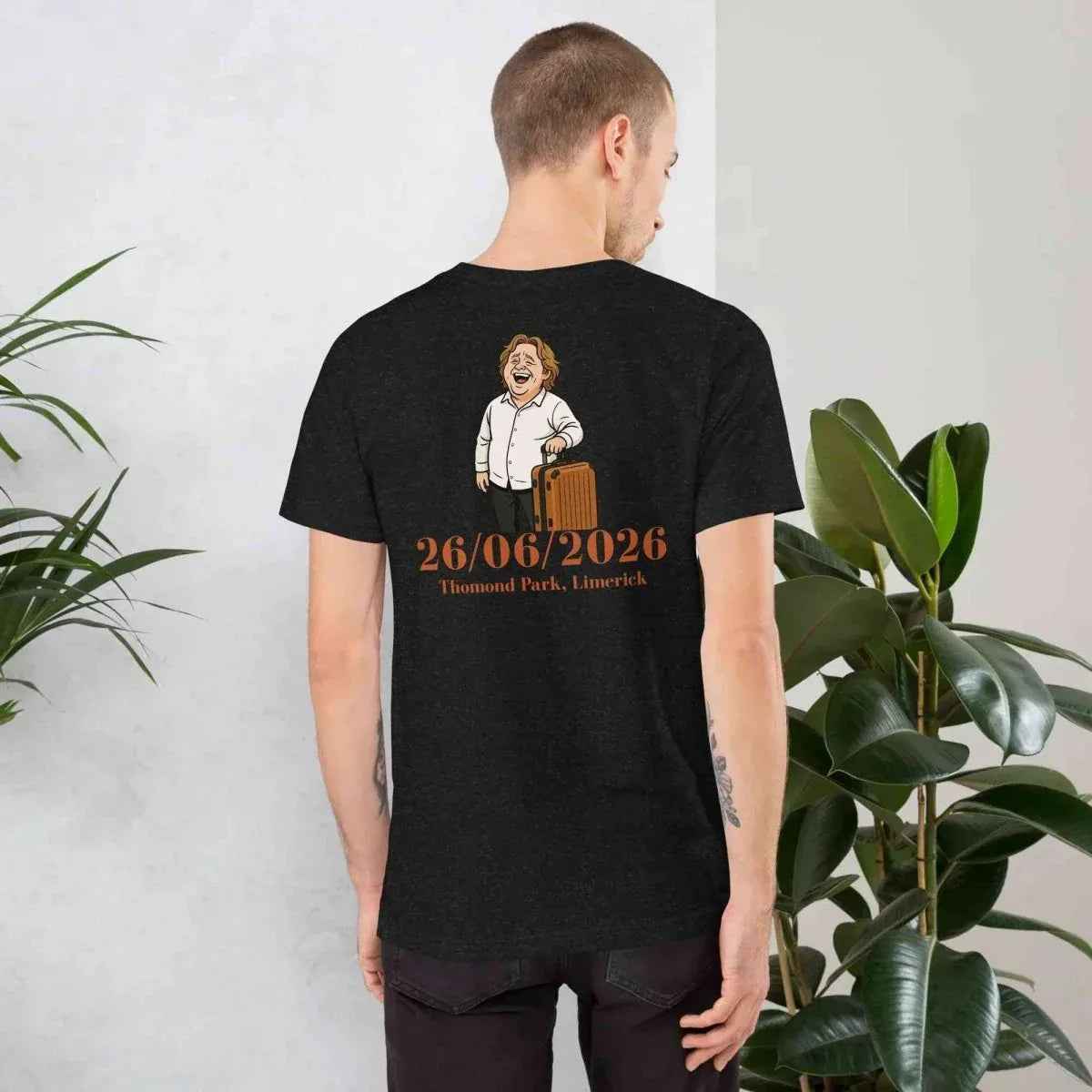 Black unisex tour T-shirt, back graphic with 26/06/2026 and Thomond Park Limerick