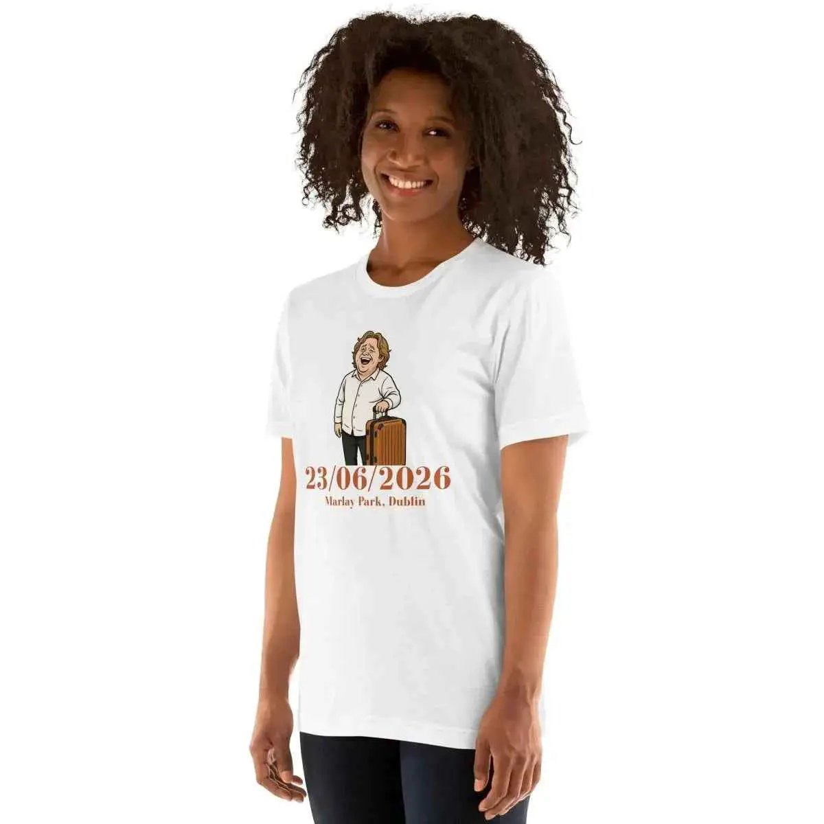 White unisex crewneck T-shirt with front illustrated performer holding suitcase, 23/06/2026