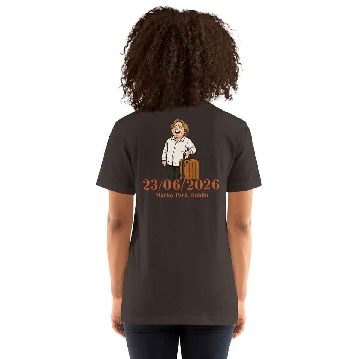 Unisex graphic t-shirt in dark gray with back illustration and date text