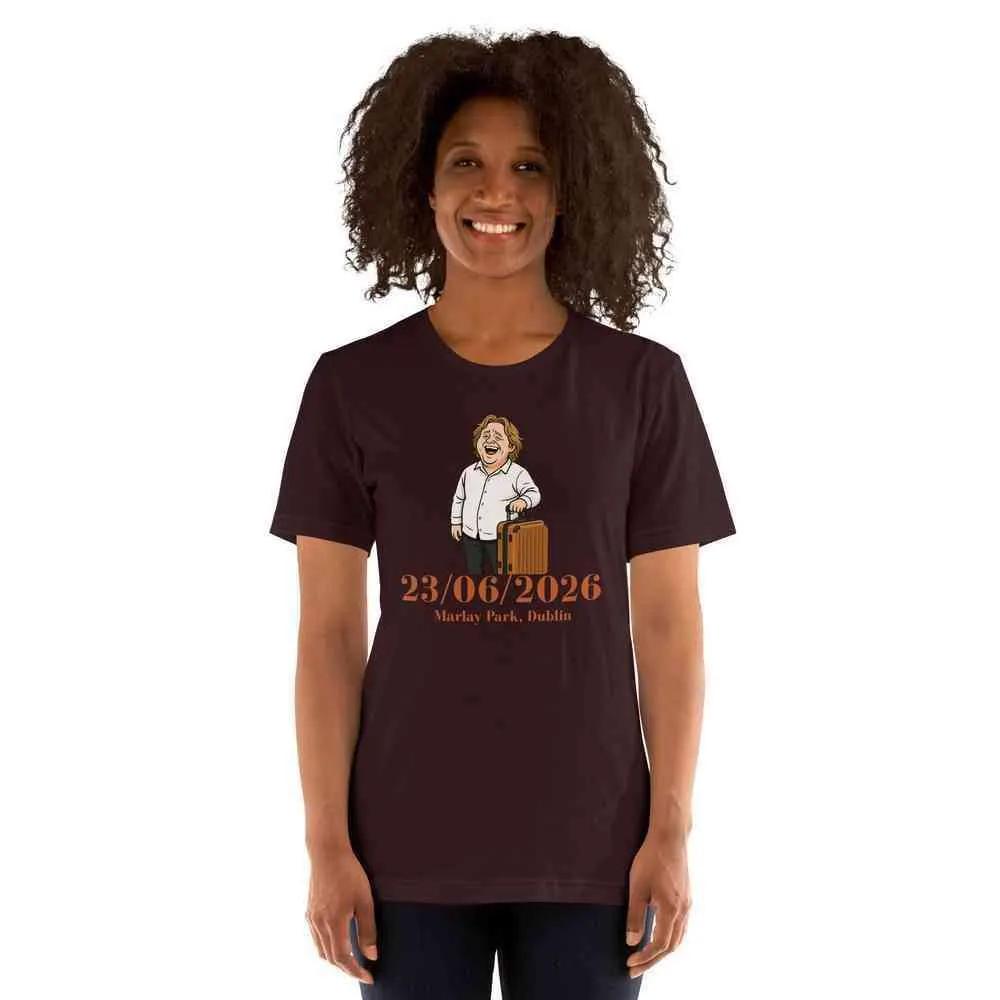 Unisex crewneck T-shirt in burgundy with front cartoon graphic and date text 23/06/2026.