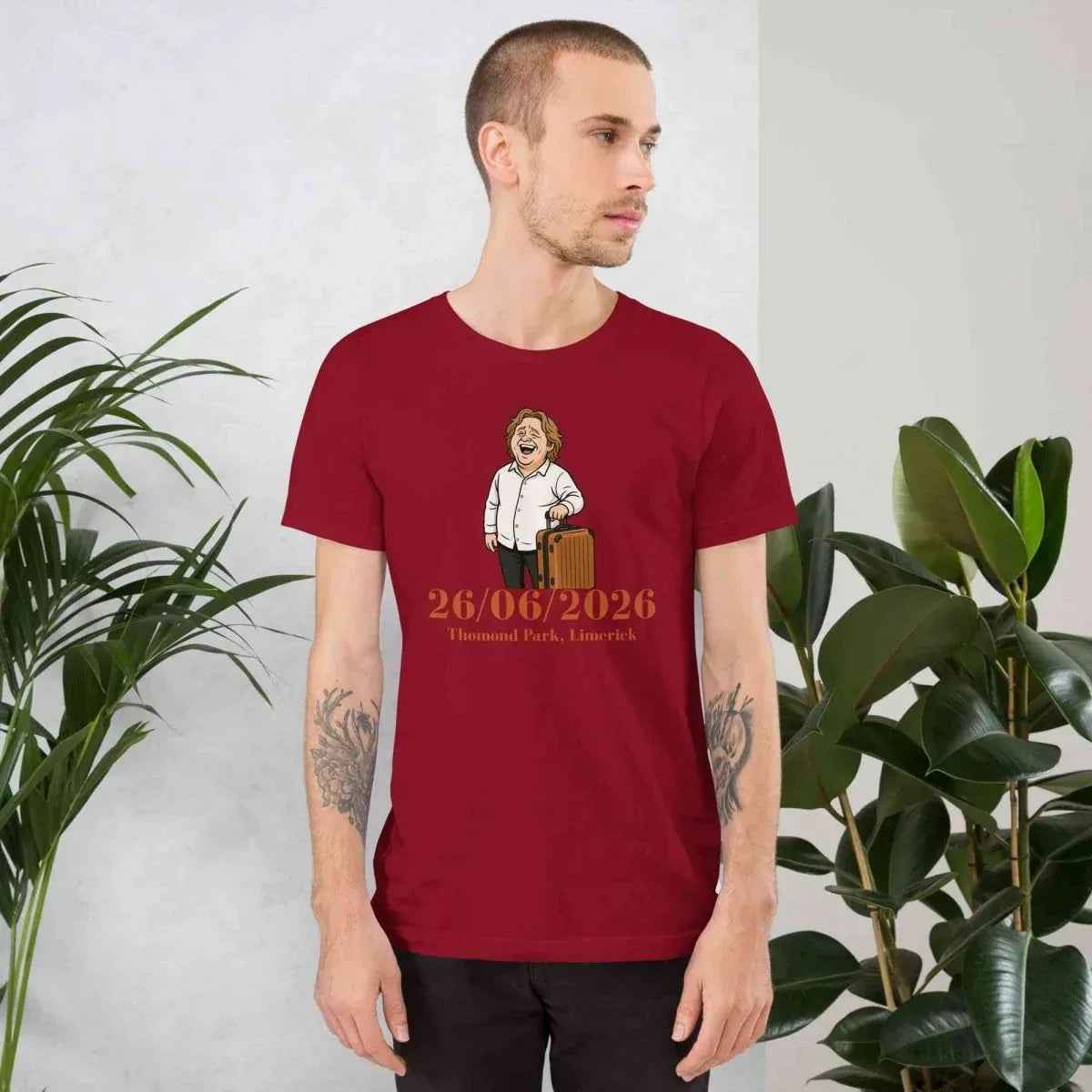 Unisex graphic T-shirt, red, front print with tour date and character