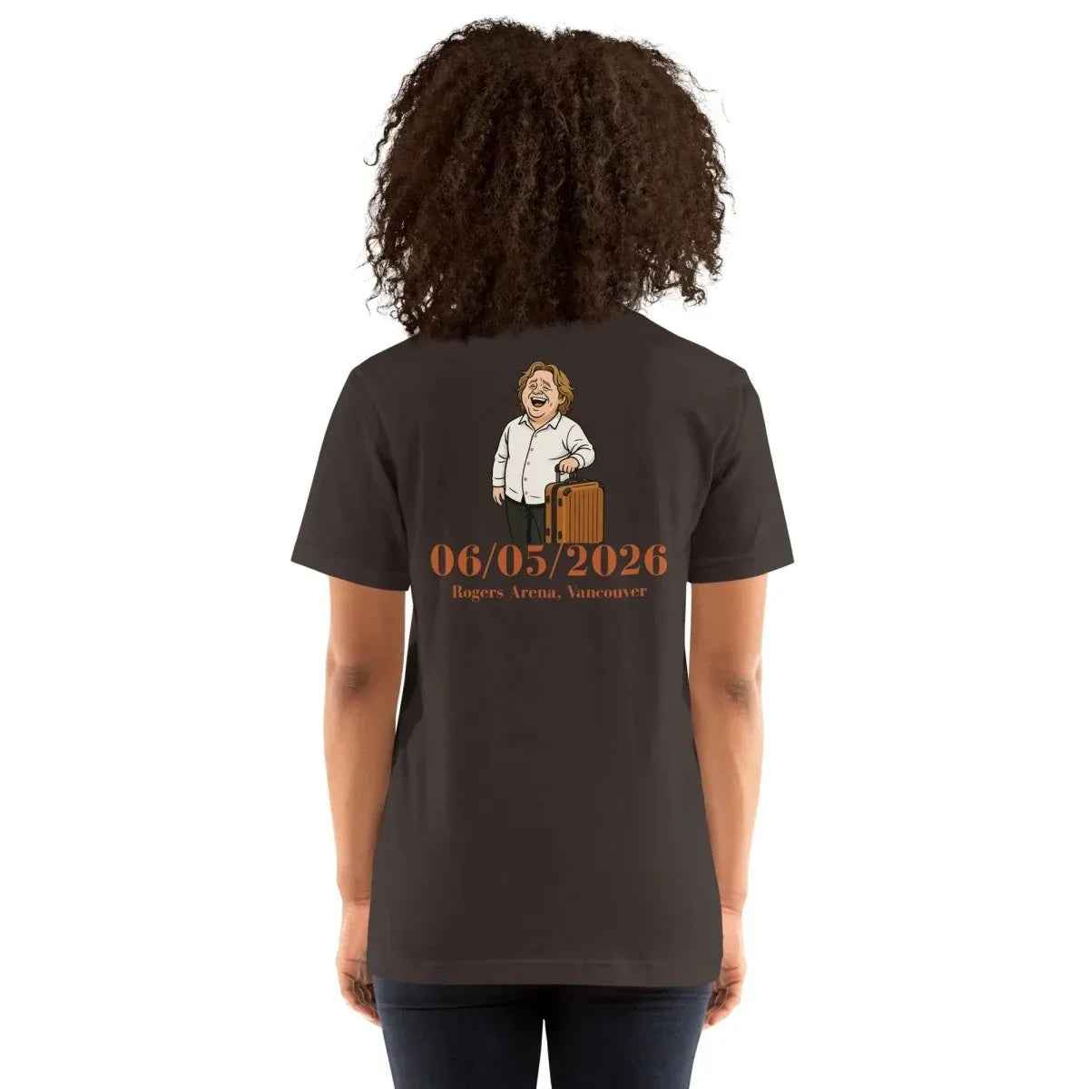 Dark gray cotton tour T-shirt with back character and date graphic, short sleeves