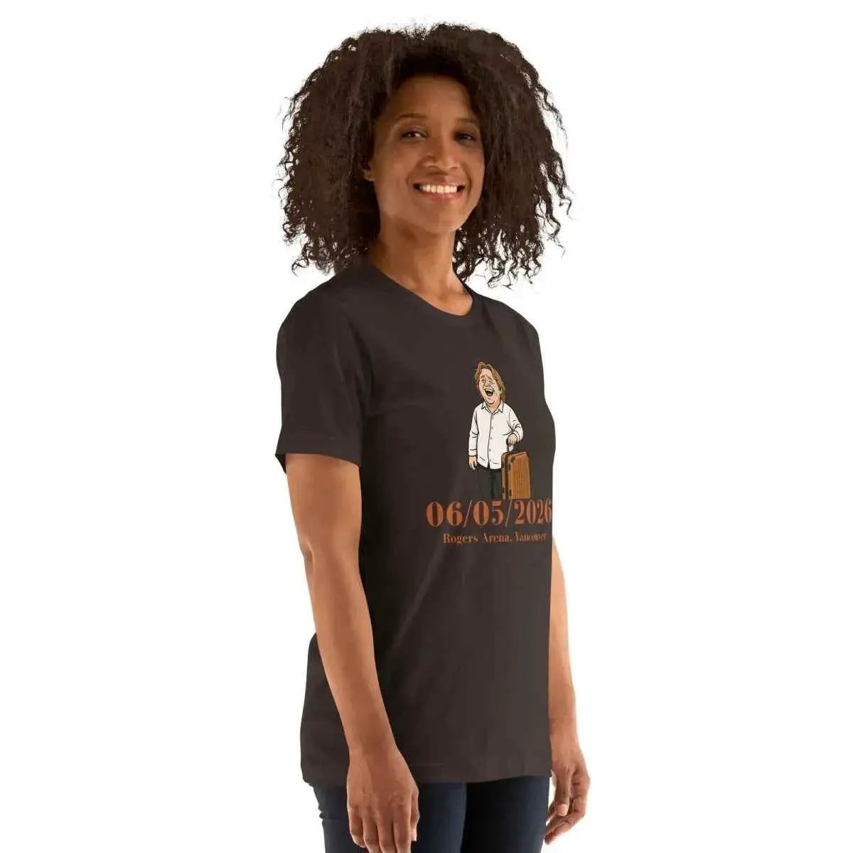 Dark gray cotton tour T-shirt with front character and date print, crew neck