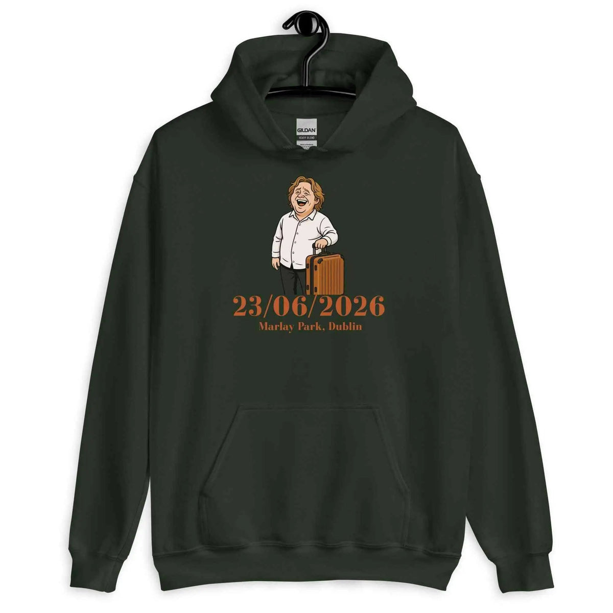 Forest green unisex tour hoodie with front kangaroo pocket and “23/06/2026” graphic