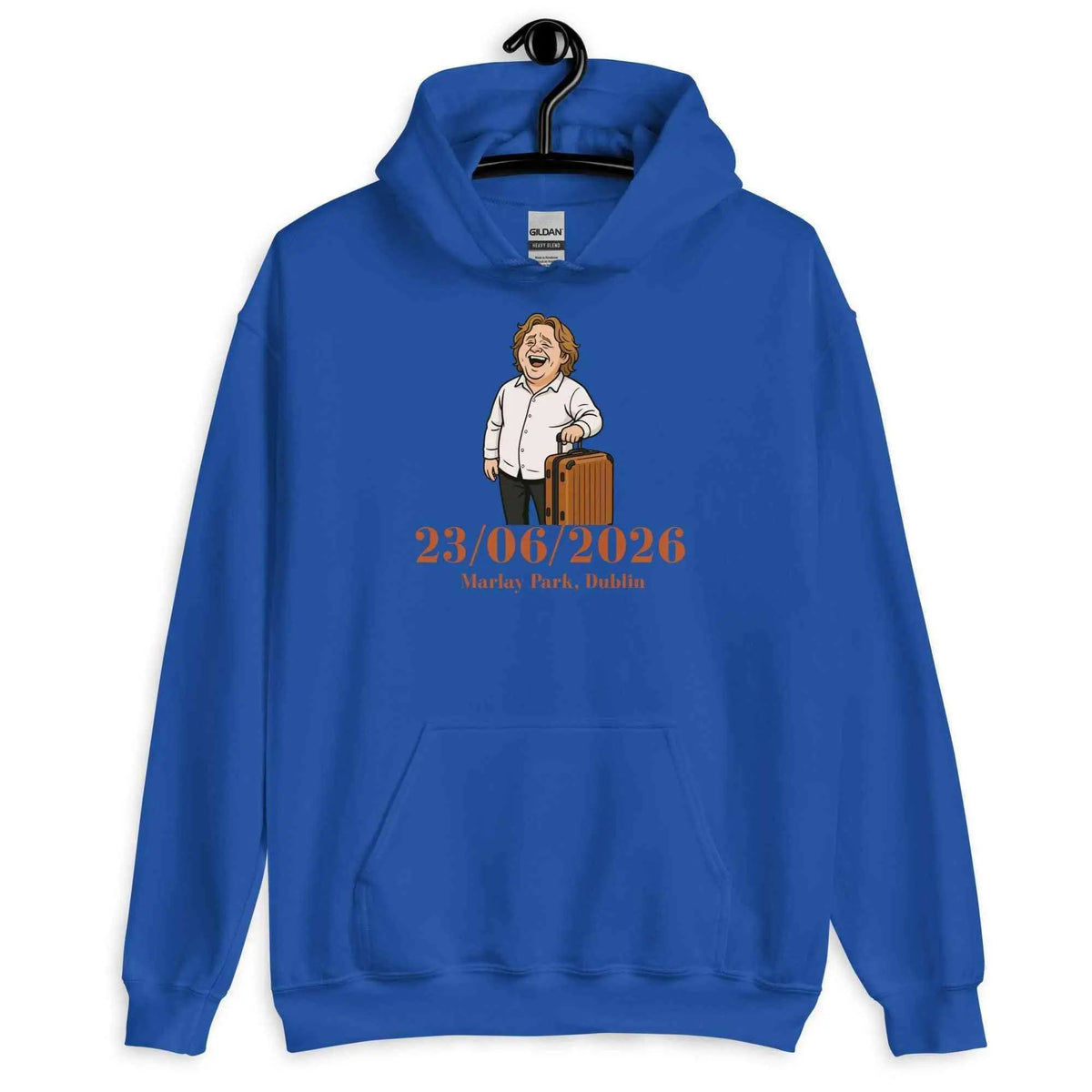 Unisex tour hoodie in royal blue with front graphic and date print