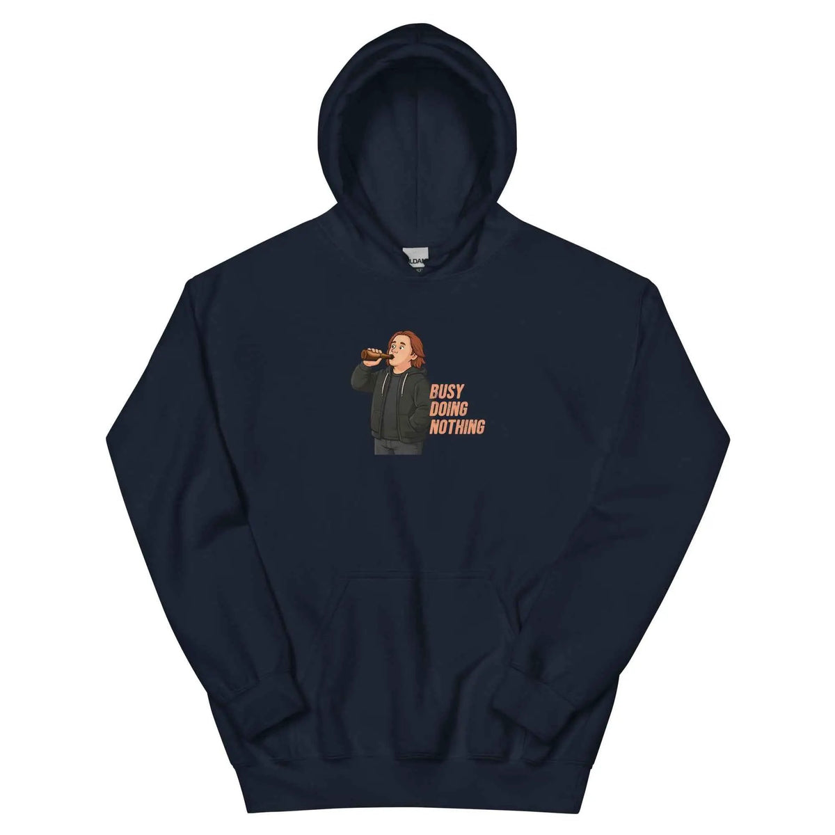 Navy unisex hoodie with hood and 'Busy Doing Nothing' cartoon graphic on front