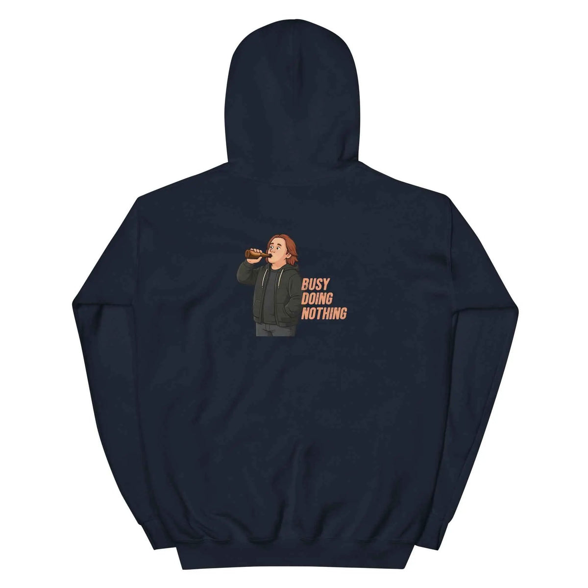 Navy unisex hoodie with hood and 'Busy Doing Nothing' cartoon graphic on back