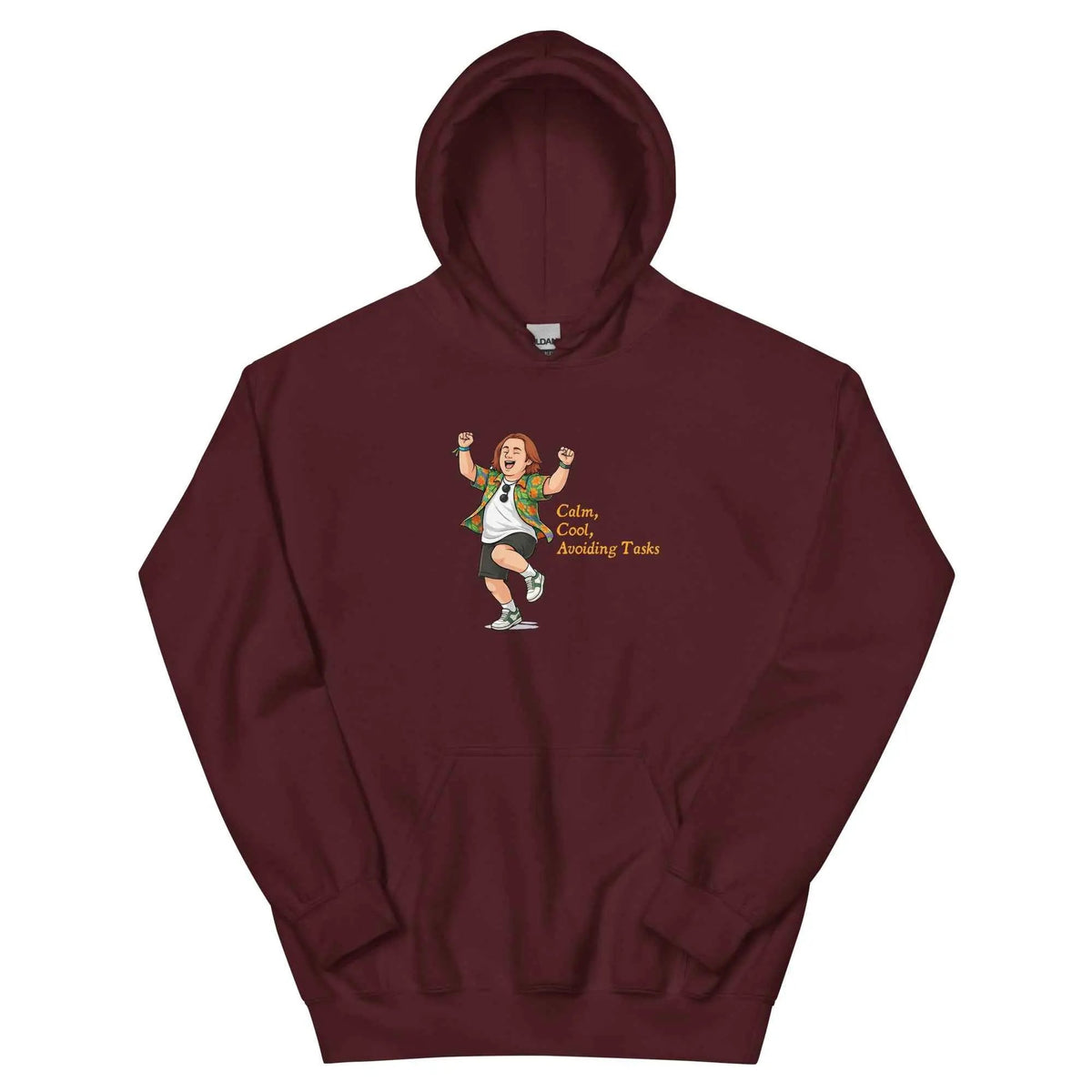 Unisex Lewis Capaldi hoodie in maroon, hood and front pocket, cartoon graphic with text.